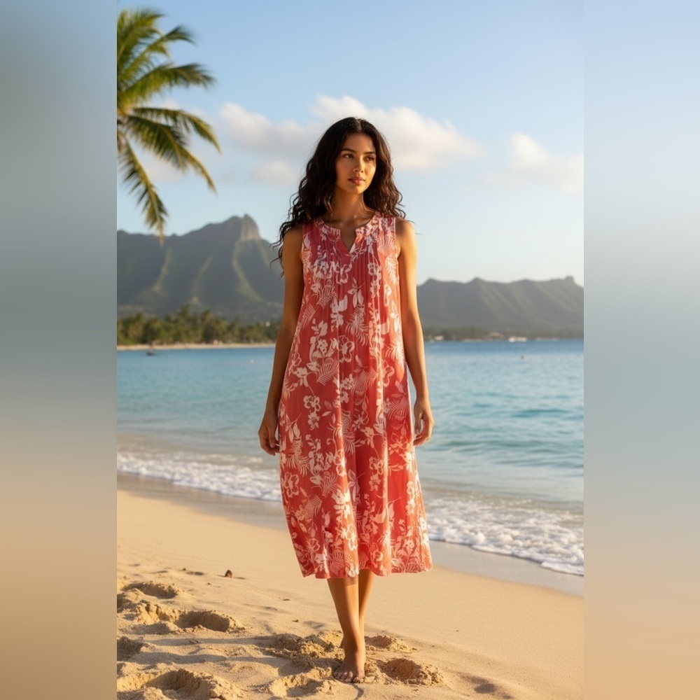 Chadwicks Maxi Dress Coral White Sleeveless Notch Tropical Floral Linen Blend S